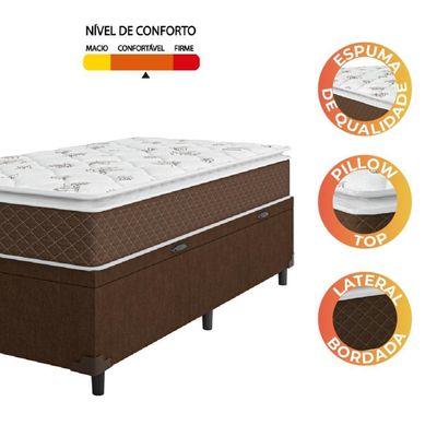 Cama Box Baú Solteiro Colchão Molas Ensacadas Pillow Top Martino 88X188X66Cm Marrom/Branco
