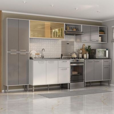 Armário De Cozinha Completa 6 Pçs Com Balcão Gabinete Siena Multimóveis Mp2243 Branco lacca Fumê