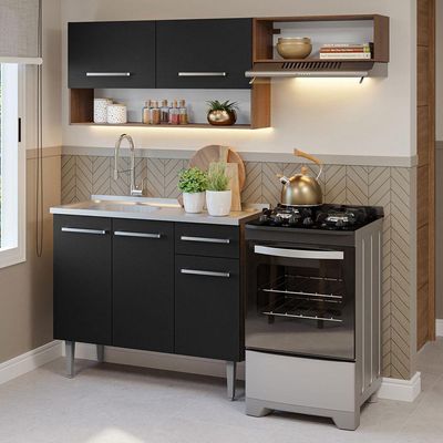 Armário Cozinha Compacta 165cm Pia Rustic/Preto