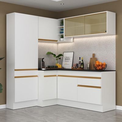 Armário De Cozinha Completa De Canto Com Rodapé Veneza Multimóveis V2089 Branco/dourado Branco/dourado