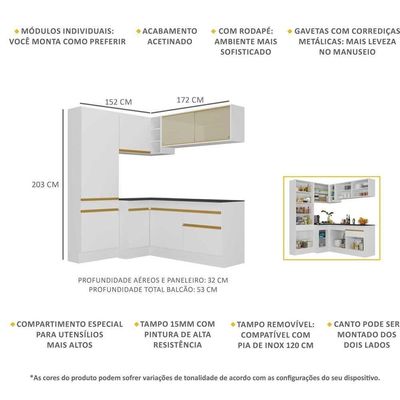 Armário De Cozinha Completa De Canto Com Rodapé Veneza Multimóveis V2089 Branco/dourado Branco/dourado