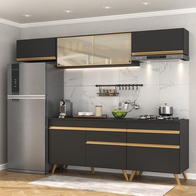 Armário De Cozinha Completa 260cm Veneza Multimóveis V3710 Preto/dourado Preto/dourado