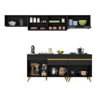 Armário De Cozinha Completa 260cm Veneza Multimóveis V3710 Preto/dourado Preto/dourado