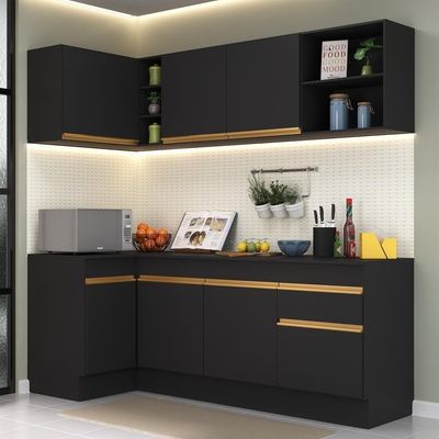 Armário De Cozinha Compacta De Canto Com Rodapé Veneza Multimóveis V2093 Preto/dourado Preto/dourado