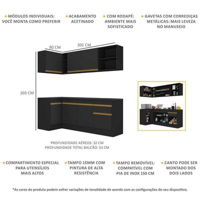 Armário De Cozinha Compacta De Canto Com Rodapé Veneza Multimóveis V2093 Preto/dourado Preto/dourado