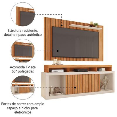 Rack para TV 65" 1,80m Painel Ripado Panamá Buriti/Off White