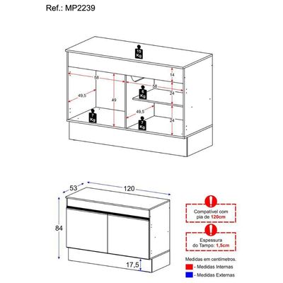 Balcão Cozinha Gabinete Pia 120cm 2 Portas Com Rodapé Veneza Multimóveis Mp2239 Preto/dourado Preto/dourado