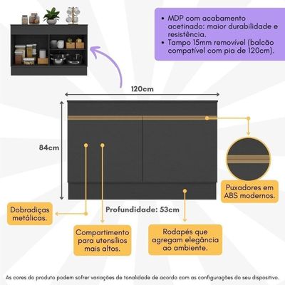 Balcão Cozinha Gabinete Pia 120cm 2 Portas Com Rodapé Veneza Multimóveis Mp2239 Preto/dourado Preto/dourado