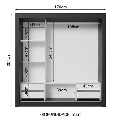 Guarda-roupa Casal 3 Portas Correr 4 Gavetas Preto/Branco