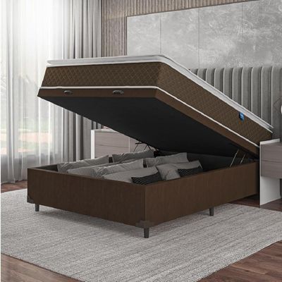 Cama Box Baú Casal Colchão Molas Ensacadas Pillow Top Martino 138X188X66Cm Marrom/Branco
