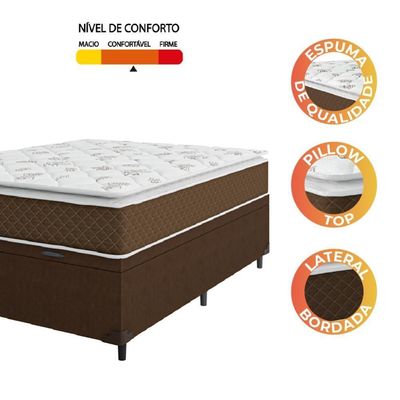 Cama Box Baú Casal Colchão Molas Ensacadas Pillow Top Martino 138X188X66Cm Marrom/Branco