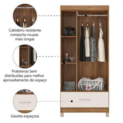 Guarda Roupas Solteiro 3 Portas 1 Gaveta Amêndoa/off White Prince Demóbile Amêndoa