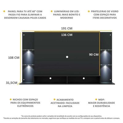 Painel Tv 60'' com 4 Leds e Prateleiras de Vidro Vegas