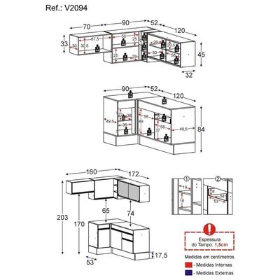 Armário De Cozinha Completa De Canto Com Rodapé Veneza Multimóveis V2094 Branco/preto Branco/preto
