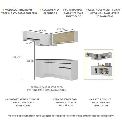 Armário De Cozinha Completa De Canto Com Rodapé Veneza Multimóveis V2094 Branco/preto Branco/preto