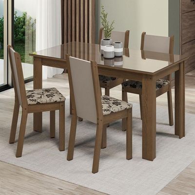 Sala Jantar Mesa Vidro 4 Cadeiras Rustic/crema