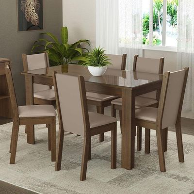 Sala Jantar Mesa Vidro 6 Cadeiras Rustic/crema