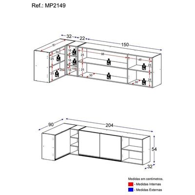 Kit Armário De Cozinha Aéreo Canto 90cm E Aéreo 150cm Veneza Multimóveis Mp2149 Branco-dourado