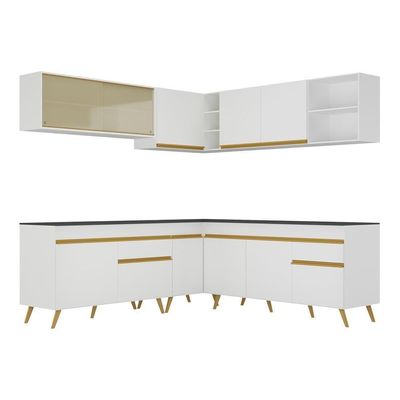 Armário De Cozinha Completa De Canto V2061 Branco/dourado