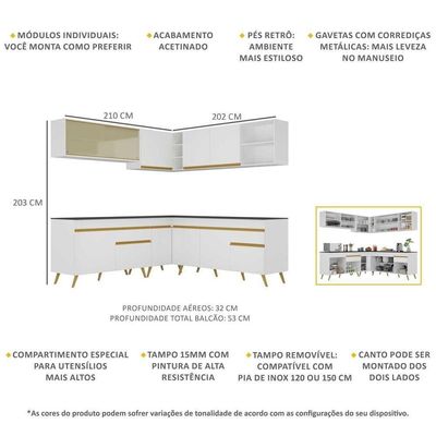 Armário De Cozinha Completa De Canto V2061 Branco/dourado