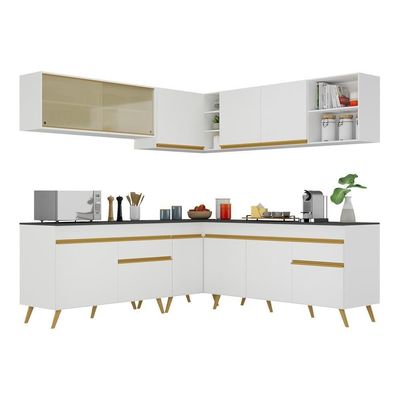 Armário De Cozinha Completa De Canto V2061 Branco/dourado