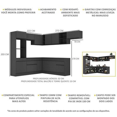 Armário De Cozinha Completa De Canto Com Rodapé Veneza Multimóveis V2083 Preto Preto