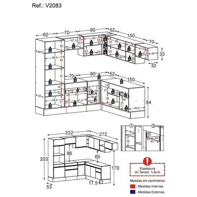 Armário De Cozinha Completa De Canto Com Rodapé Veneza Multimóveis V2083 Preto Preto