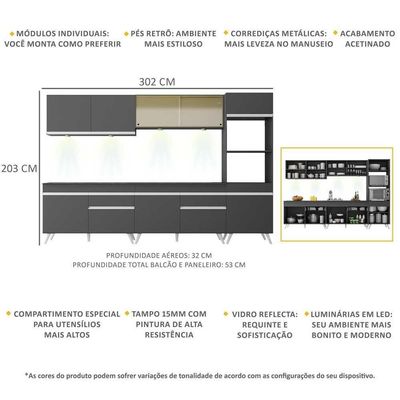 Armário De Cozinha Compacta 302cm Com Leds Veneza Up Multimóveis V2014 Preto/branco Preto/branco