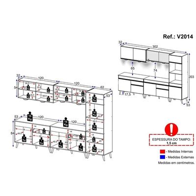 Armário De Cozinha Compacta 302cm Com Leds Veneza Up Multimóveis V2014 Preto/branco Preto/branco