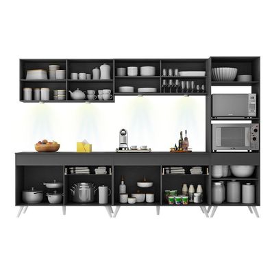 Armário De Cozinha Compacta 302cm Com Leds Veneza Up Multimóveis V2014 Preto/branco Preto/branco