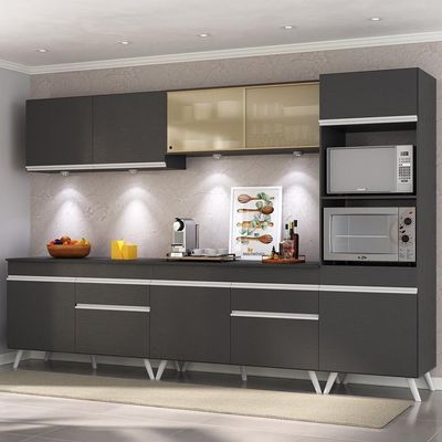 Armário De Cozinha Compacta 302cm Com Leds Veneza Up Multimóveis V2014 Preto/branco Preto/branco