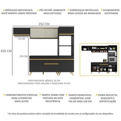 Armário De Cozinha Compacta 252cm Veneza Multimóveis V3691 Preto/dourado Preto/dourado