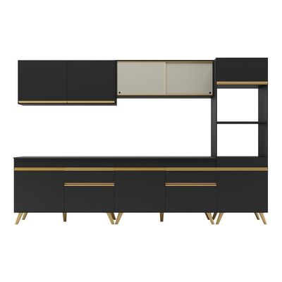 Armário De Cozinha Completa 302cm Veneza Multimóveis V3689 Preto/dourado Preto/dourado