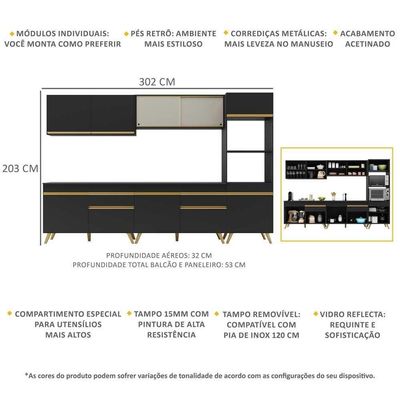 Armário De Cozinha Completa 302cm Veneza Multimóveis V3689 Preto/dourado Preto/dourado