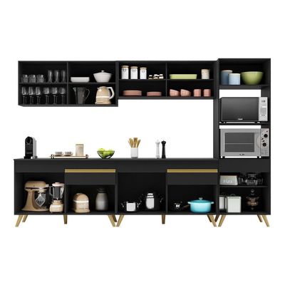 Armário De Cozinha Completa 302cm Veneza Multimóveis V3689 Preto/dourado Preto/dourado