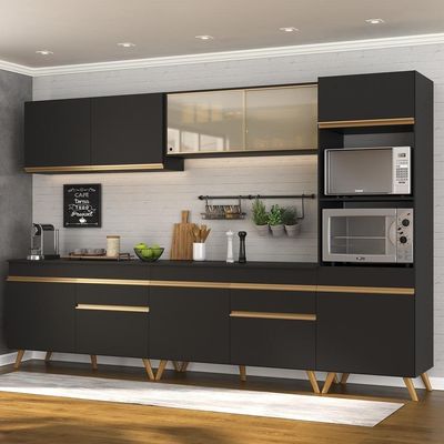 Armário De Cozinha Completa 302cm Veneza Multimóveis V3689 Preto/dourado Preto/dourado