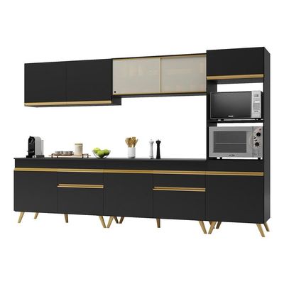 Armário De Cozinha Completa 302cm Veneza Multimóveis V3689 Preto/dourado Preto/dourado
