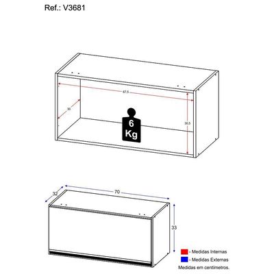 Armário De Cozinha Aéreo 70cm 1 Porta Basculante Veneza Multimóveis V3681 Branco/dourado