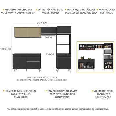 Armário De Cozinha Compacta 252cm Veneza Multimóveis V3692 Preto/branco Preto/branco