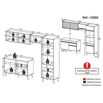 Armário De Cozinha Compacta 252cm Veneza Multimóveis V3692 Preto/branco Preto/branco