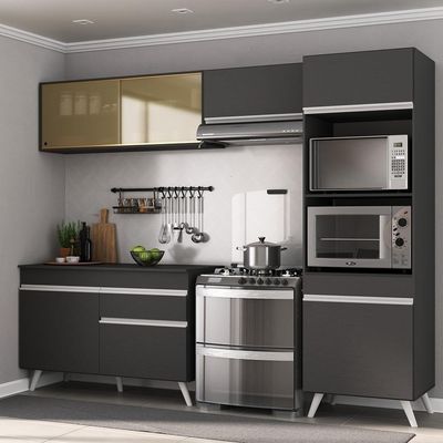 Armário De Cozinha Compacta 252cm Veneza Multimóveis V3692 Preto/branco Preto/branco