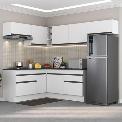 Armário De Cozinha Completa De Canto Com Rodapé Veneza Multimóveis V2104 Branco/preto Branco/preto