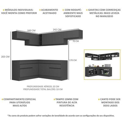 Armário De Cozinha Completa De Canto Com Rodapé Veneza Multimóveis V2104 Preto Preto