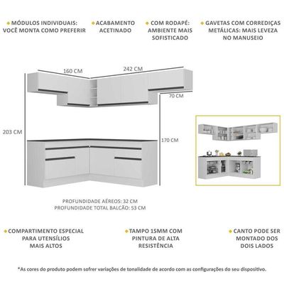 Armário De Cozinha Completa De Canto Com Rodapé Veneza Multimóveis V2104 Branco/preto Branco/preto