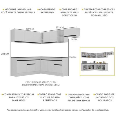 Armário De Cozinha Completa De Canto V2103 Branco/Preto