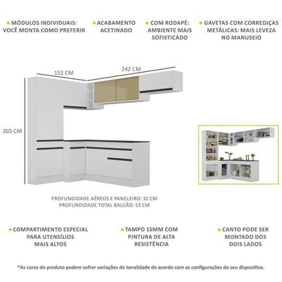 Armário De Cozinha Completa De Canto Com Rodapé Veneza Multimóveis V2087 Branco/preto Branco/preto