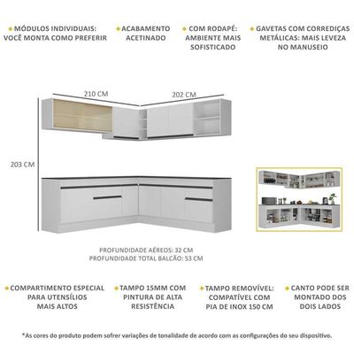 Armário De Cozinha Completa De Canto V2096 Branco/Preto