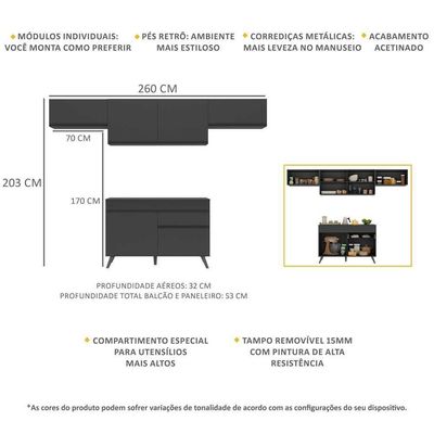 Armário De Cozinha Compacta 260cm Veneza Multimóveis V3697 Preto Preto