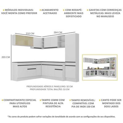 Armário De Cozinha Completa De Canto V2100 Branco/Preto