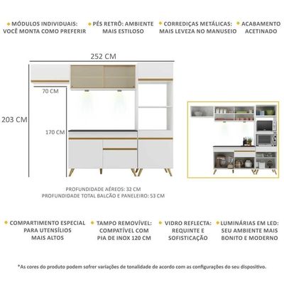 Armário De Cozinha Compacta 252cm Com Leds Veneza Up Multimóveis V2016 Branco/dourado Branco/dourado